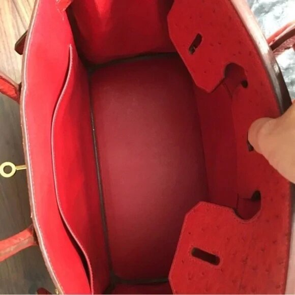 Authentic RARE HERMES Hac Birkin 32 bag Ostrich leather Rouge Vif red - Picture 9 of 11